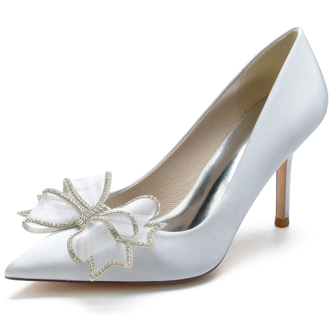 Chaussures de Mariage pour Femmes en Satin de Soie, Nœud, Talon Aiguille, Bout Pointu, Chaussures de Mariée Minimalistes