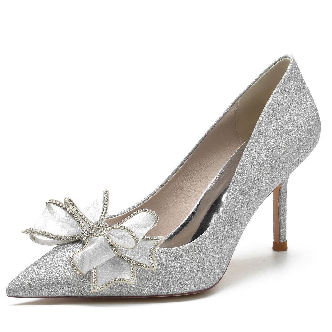 Chaussures de Mariage pour Femmes Stiletto Glitter Bout Pointu Fleur Chaussures de Mariée