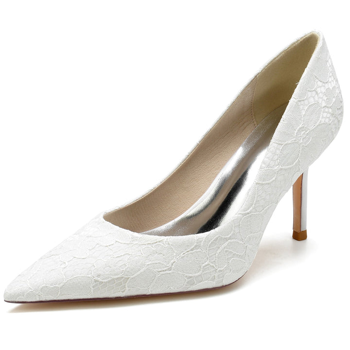 Chaussures de Mariage pour Femmes en Satin de Soie Blanc et Dentelle à Bout Pointu