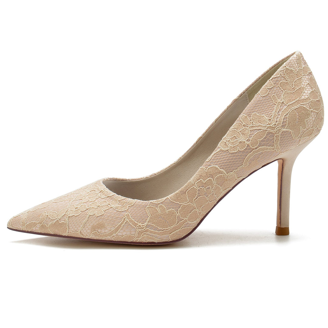 Chaussures de Mariage pour Femmes en Satin de Soie Blanc et Dentelle à Bout Pointu