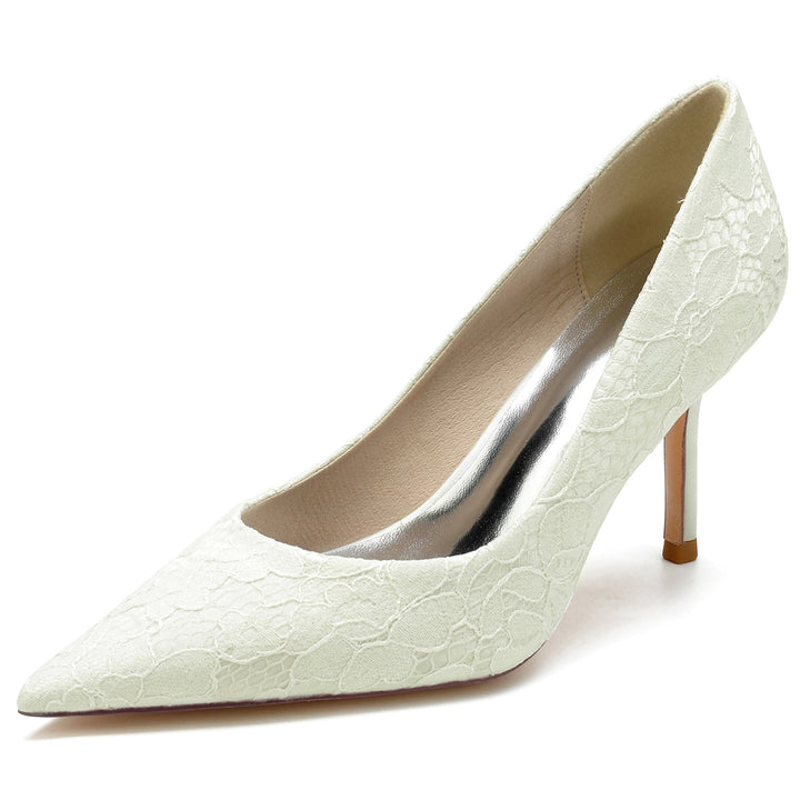 Chaussures de Mariage pour Femmes en Satin de Soie Blanc et Dentelle à Bout Pointu