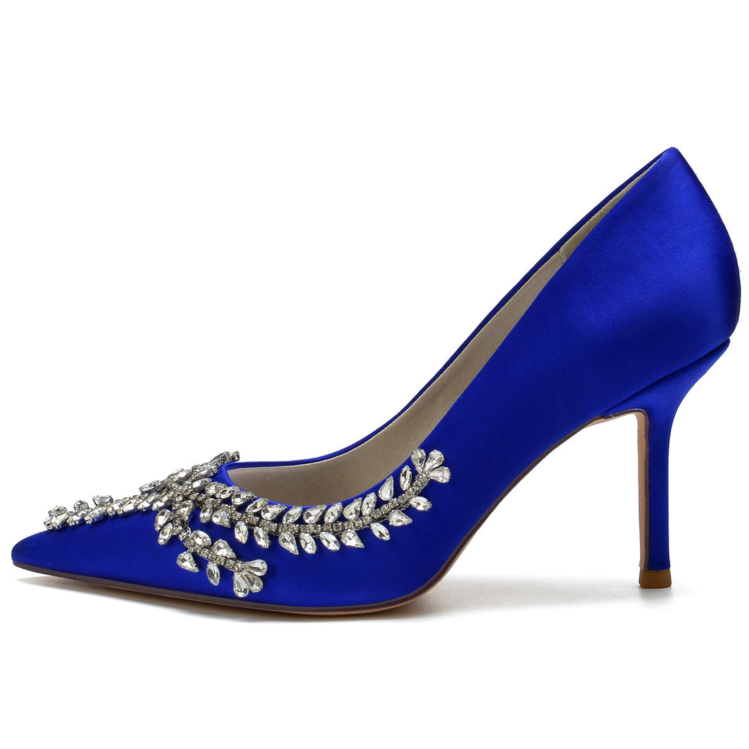 Chaussures de Mariage pour Femmes en Satin de Soie Bleu Royal, Chaussures de Mariée à Bout Pointu avec Talon Aiguille et Cristal