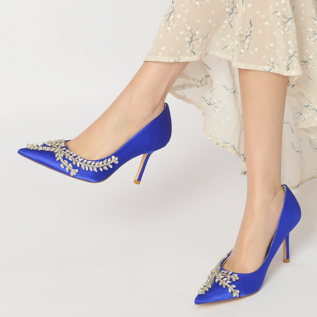 Chaussures de Mariage pour Femmes en Satin de Soie Bleu Royal, Chaussures de Mariée à Bout Pointu avec Talon Aiguille et Cristal