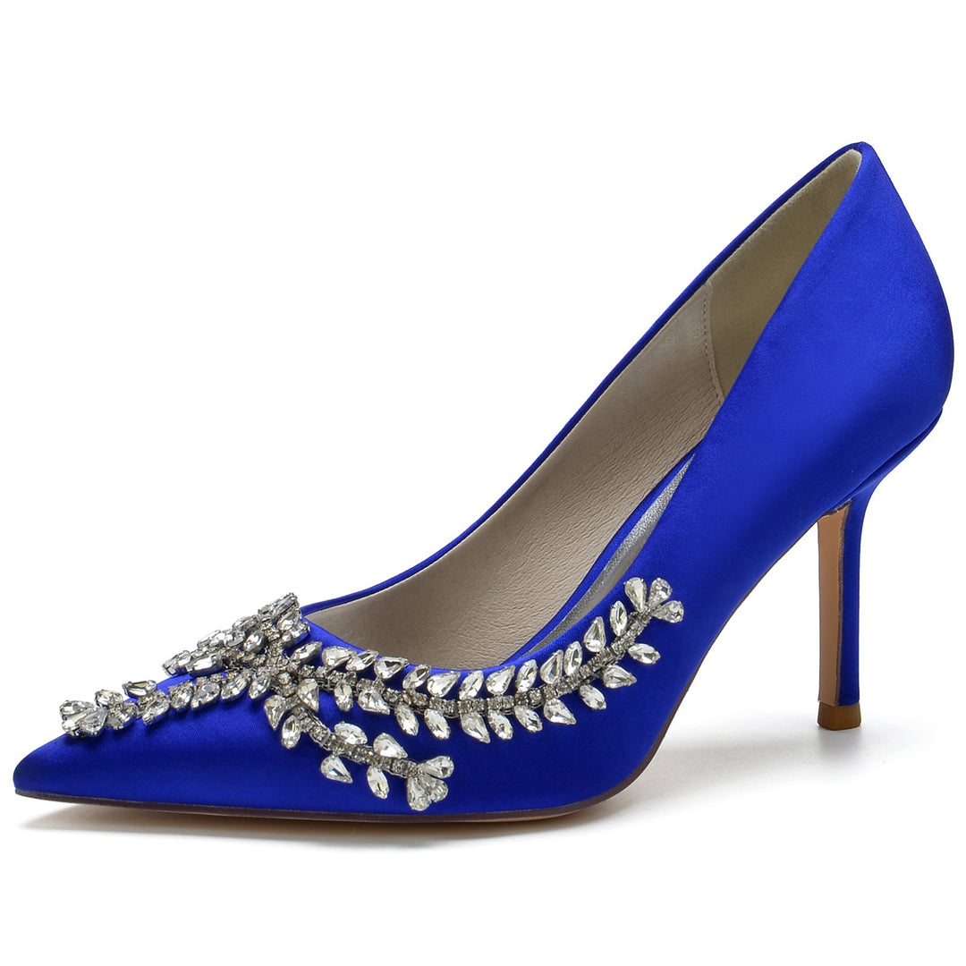 Chaussures de Mariage pour Femmes en Satin de Soie Bleu Royal, Chaussures de Mariée à Bout Pointu avec Talon Aiguille et Cristal