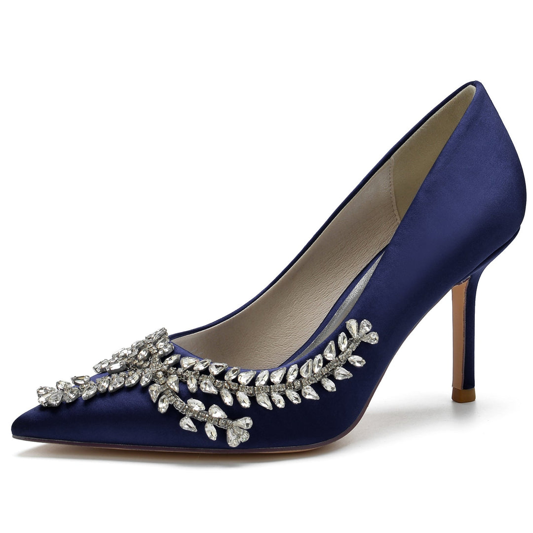 Chaussures de Mariage pour Femmes en Satin de Soie Bleu Royal, Chaussures de Mariée à Bout Pointu avec Talon Aiguille et Cristal
