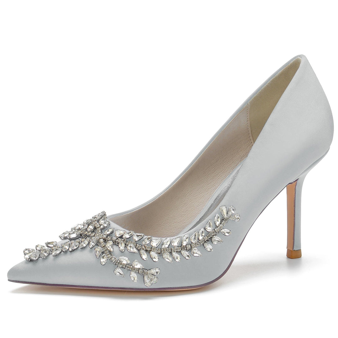 Chaussures de Mariage pour Femmes en Satin de Soie Bleu Royal, Chaussures de Mariée à Bout Pointu avec Talon Aiguille et Cristal