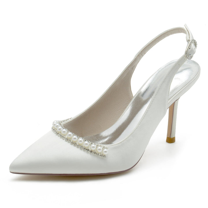 Chaussures de Mariage pour Femmes en Satin de Soie Blanc Perle Talon Aiguille Bout Pointu Boucle Chaussures de Mariée