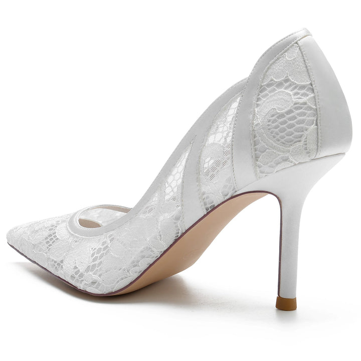 Chaussures de Mariage pour Femmes en Satin de Soie, Chaussures de Mariée à Bout Pointu et à Lacets