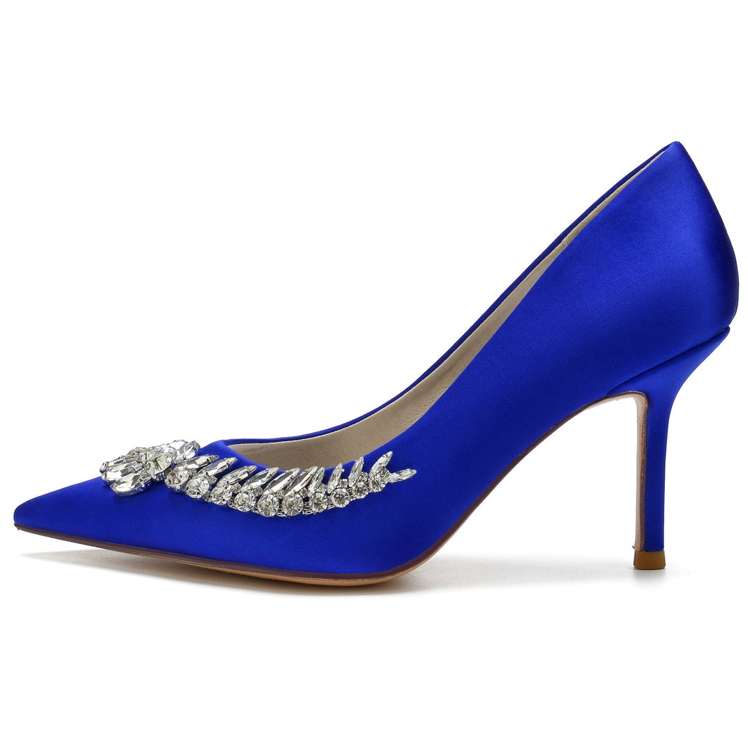 Chaussures de Mariage pour Femmes en Satin de Soie Bleu Strass Chaussures de Mariée à Bout Pointu