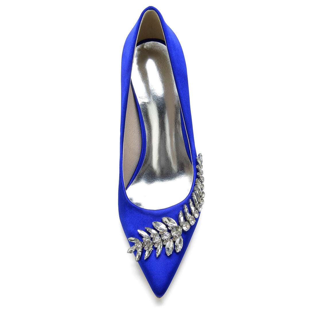 Chaussures de Mariage pour Femmes en Satin de Soie Bleu Strass Chaussures de Mariée à Bout Pointu