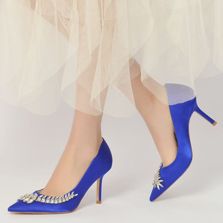 Chaussures de Mariage pour Femmes en Satin de Soie Bleu Strass Chaussures de Mariée à Bout Pointu