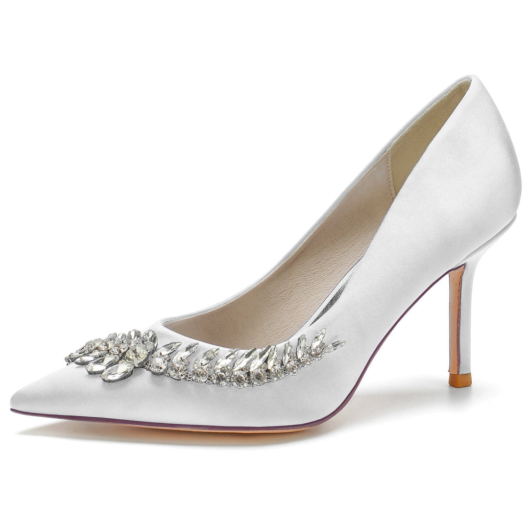 Chaussures de Mariage pour Femmes en Satin de Soie Bleu Strass Chaussures de Mariée à Bout Pointu