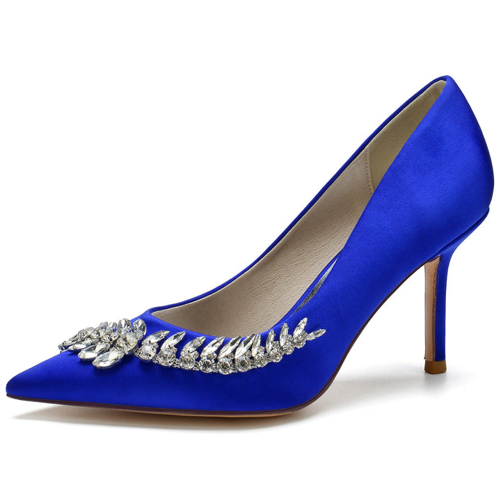 Chaussures de Mariage pour Femmes en Satin de Soie Bleu Strass Chaussures de Mariée à Bout Pointu
