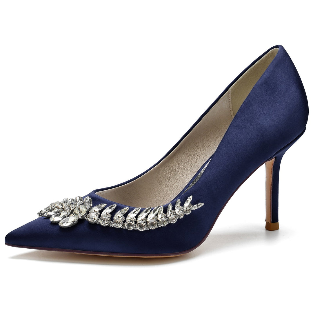 Chaussures de Mariage pour Femmes en Satin de Soie Bleu Strass Chaussures de Mariée à Bout Pointu