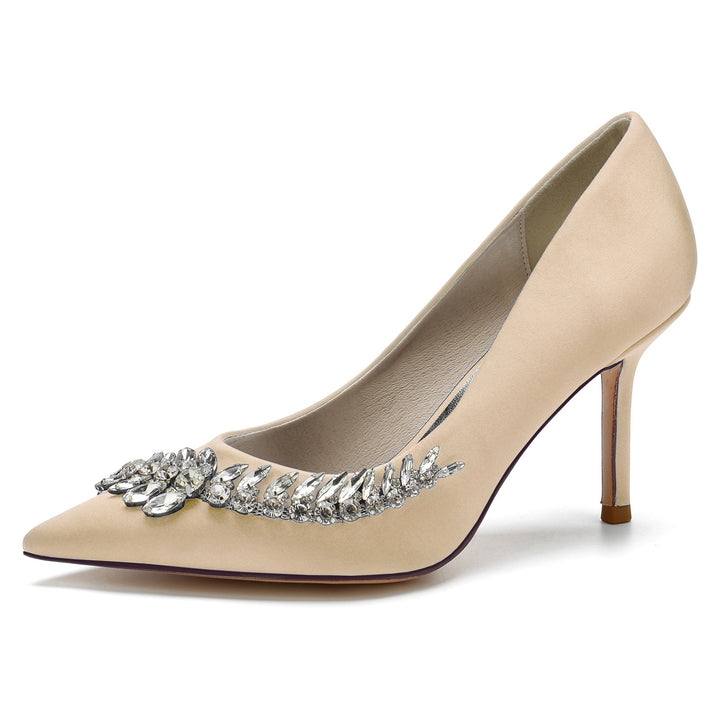 Chaussures de Mariage pour Femmes en Satin de Soie Bleu Strass Chaussures de Mariée à Bout Pointu