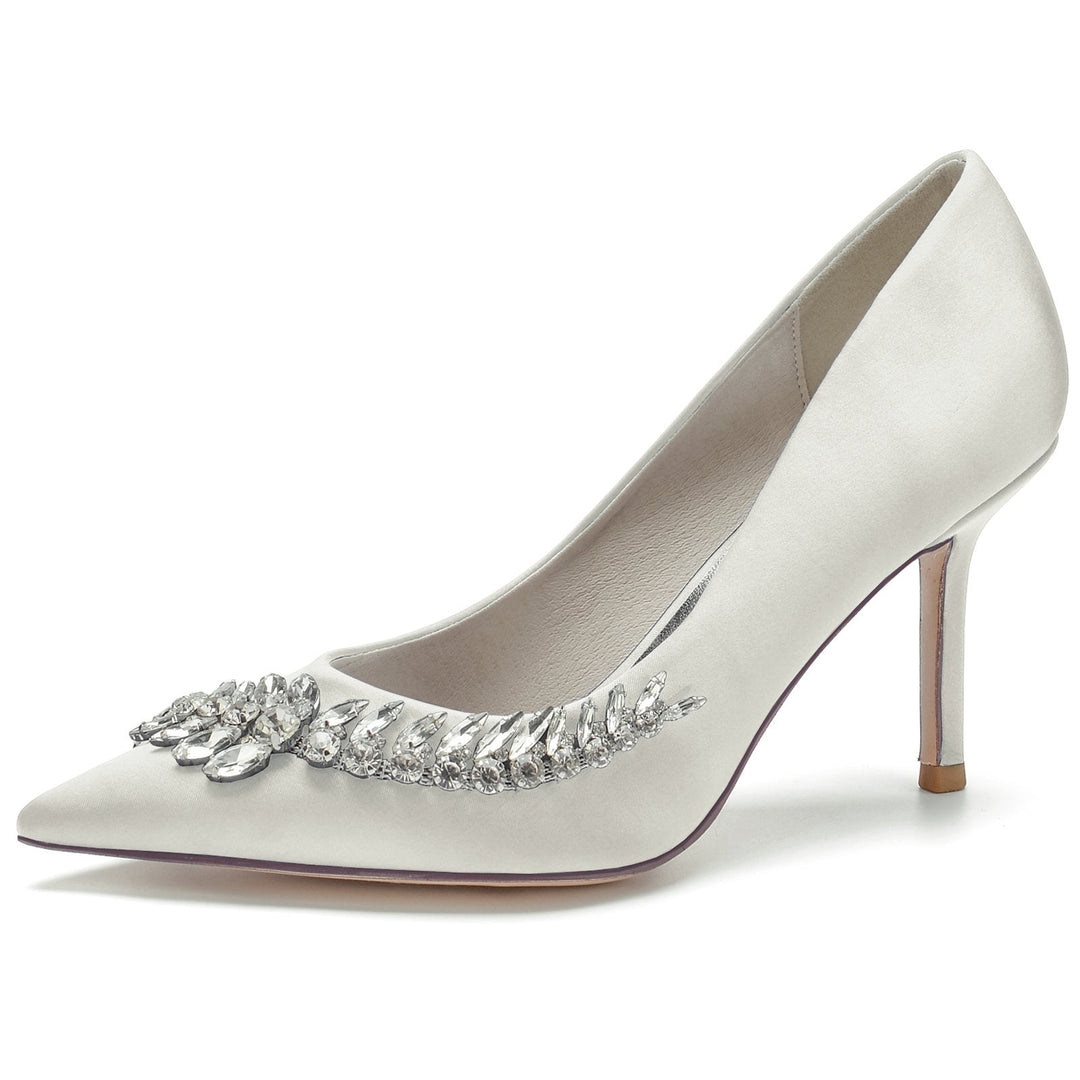 Chaussures de Mariage pour Femmes en Satin de Soie Bleu Strass Chaussures de Mariée à Bout Pointu