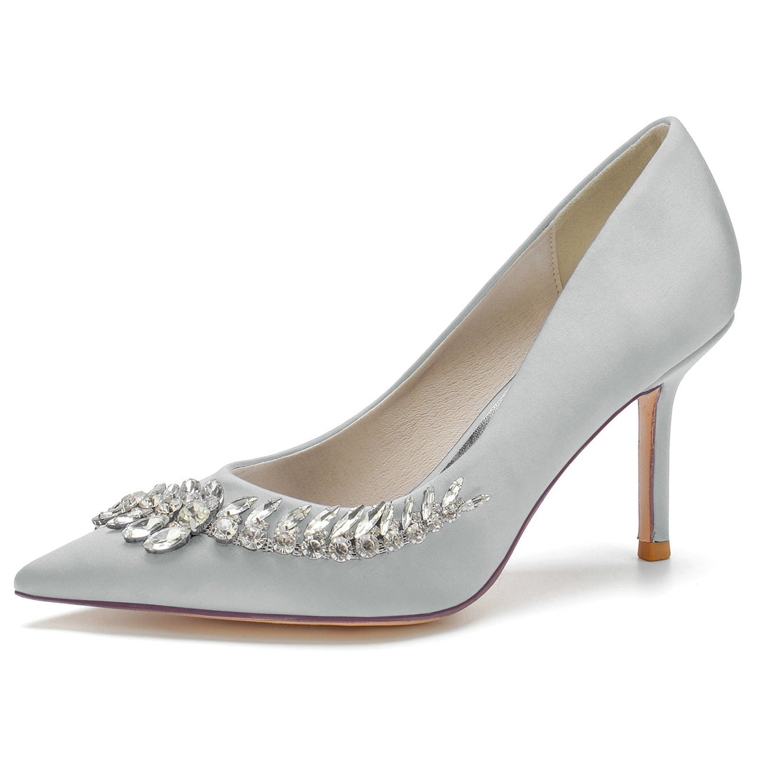 Chaussures de Mariage pour Femmes en Satin de Soie Bleu Strass Chaussures de Mariée à Bout Pointu