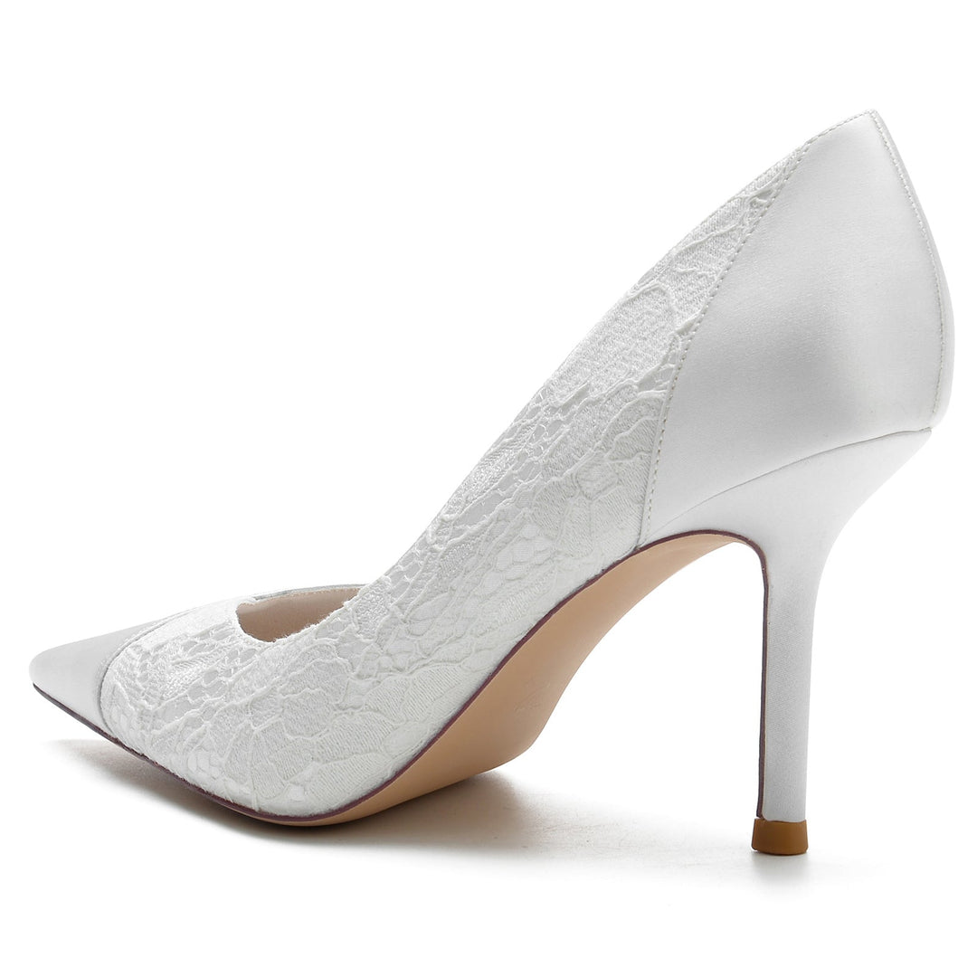 Chaussures de Mariage pour Femmes en Satin de Soie et Dentelle à Talon Aiguille et Bout Pointu