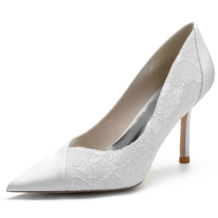 Chaussures de Mariage pour Femmes en Satin de Soie et Dentelle à Talon Aiguille et Bout Pointu