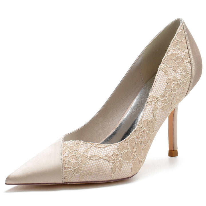 Chaussures de Mariage pour Femmes en Satin de Soie et Dentelle à Talon Aiguille et Bout Pointu
