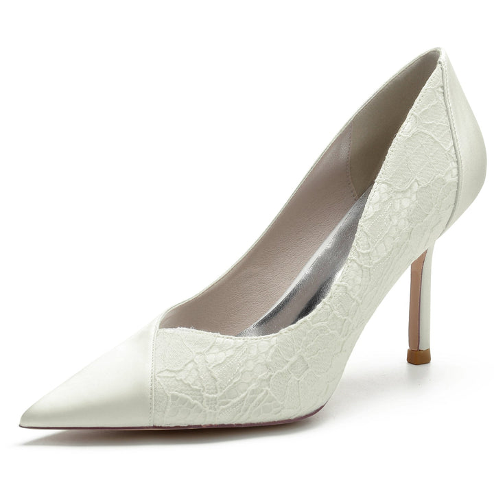 Chaussures de Mariage pour Femmes en Satin de Soie et Dentelle à Talon Aiguille et Bout Pointu