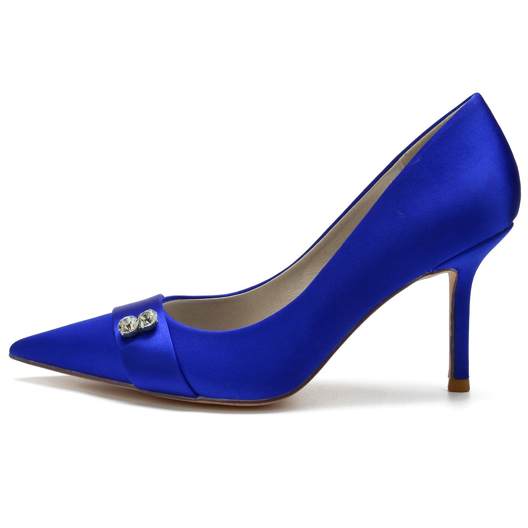 Chaussures de Mariage pour Femmes en Satin de Soie Bleu, Chaussures de Mariée à Bout Pointu et Talon Aiguille en Diamant