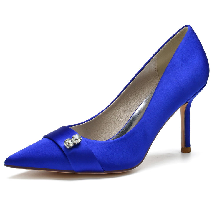 Chaussures de Mariage pour Femmes en Satin de Soie Bleu, Chaussures de Mariée à Bout Pointu et Talon Aiguille en Diamant