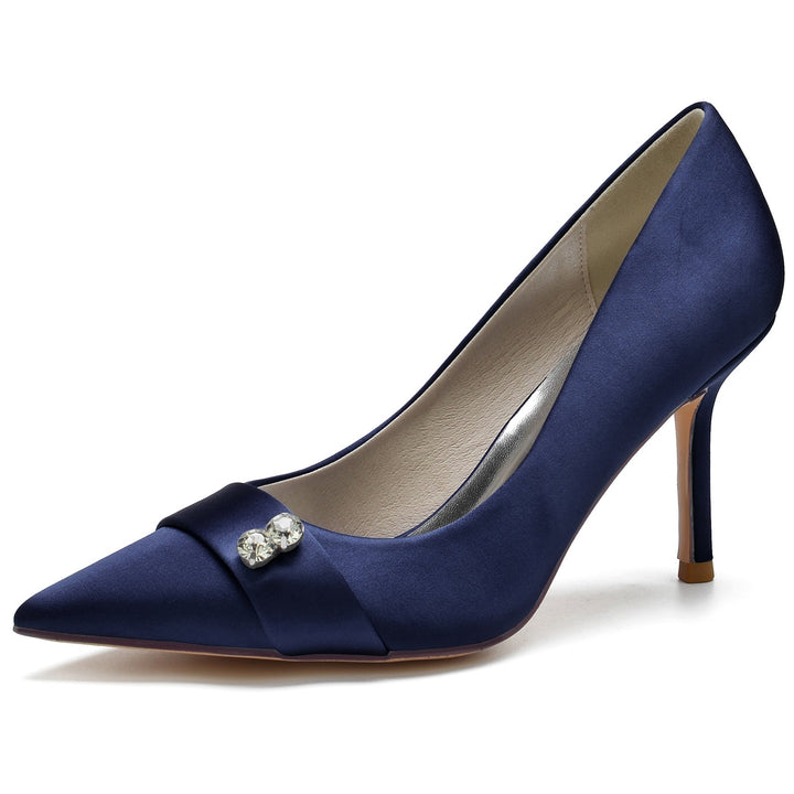 Chaussures de Mariage pour Femmes en Satin de Soie Bleu, Chaussures de Mariée à Bout Pointu et Talon Aiguille en Diamant
