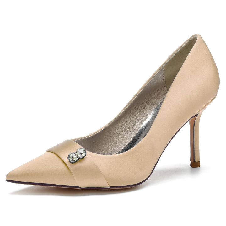 Chaussures de Mariage pour Femmes en Satin de Soie Bleu, Chaussures de Mariée à Bout Pointu et Talon Aiguille en Diamant