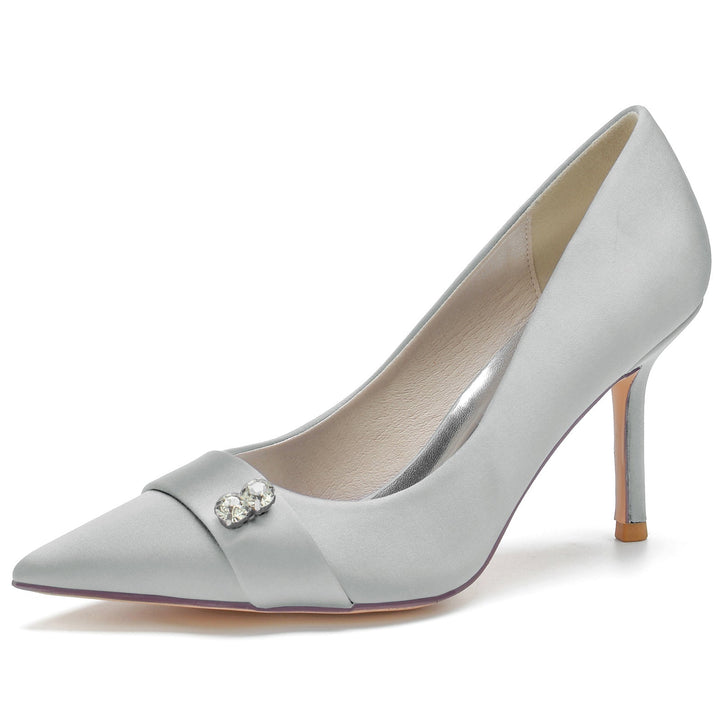 Chaussures de Mariage pour Femmes en Satin de Soie Bleu, Chaussures de Mariée à Bout Pointu et Talon Aiguille en Diamant