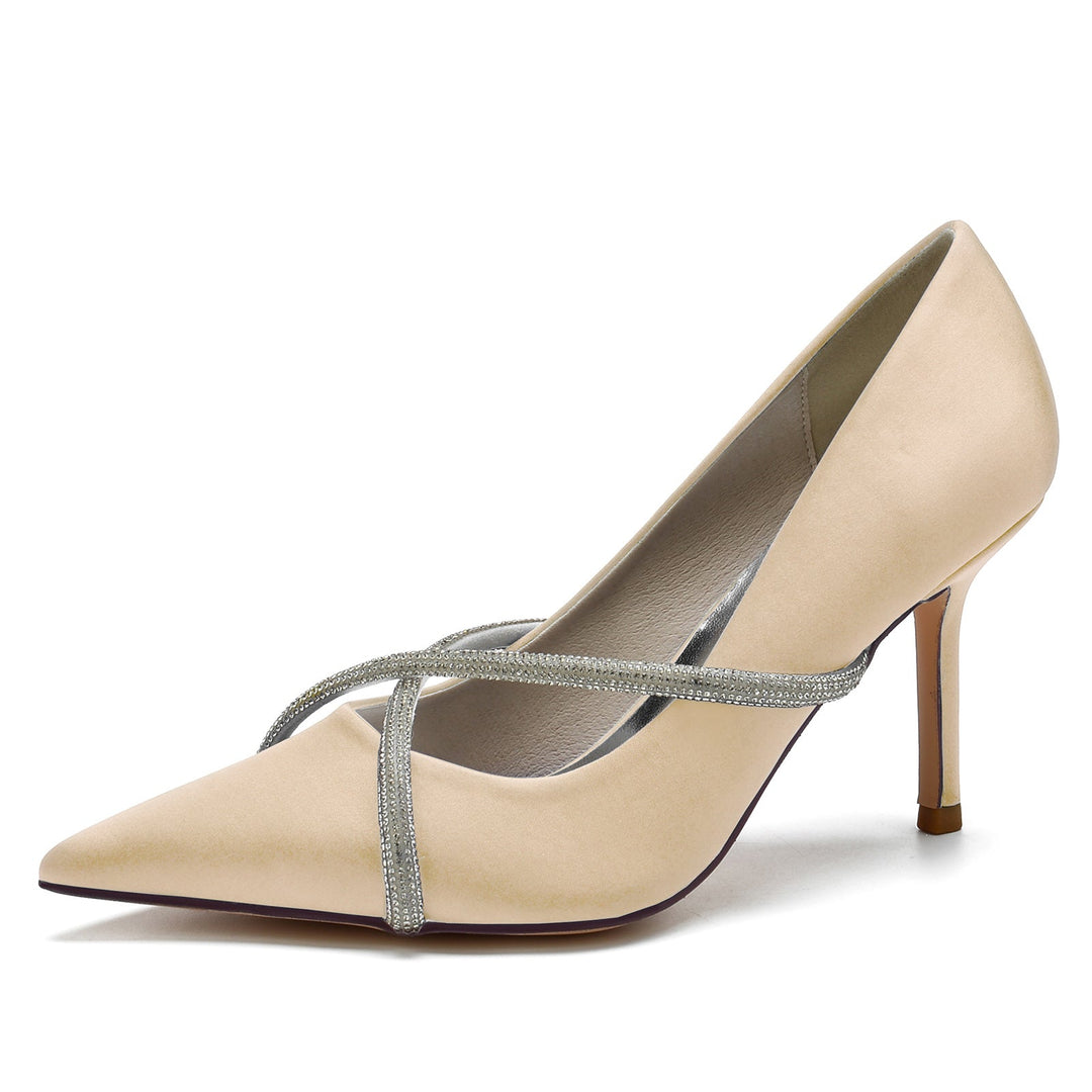 Chaussures de Mariage pour Femmes en Satin de Soie, Chaussures de Mariée à Bout Pointu et à Talon Aiguille en Imitation Diamant Croisé