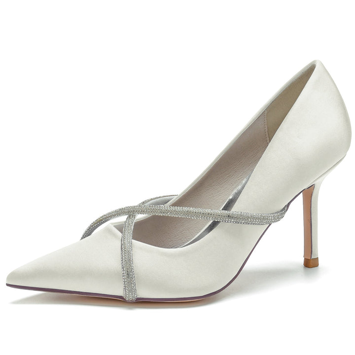Chaussures de Mariage pour Femmes en Satin de Soie, Chaussures de Mariée à Bout Pointu et à Talon Aiguille en Imitation Diamant Croisé