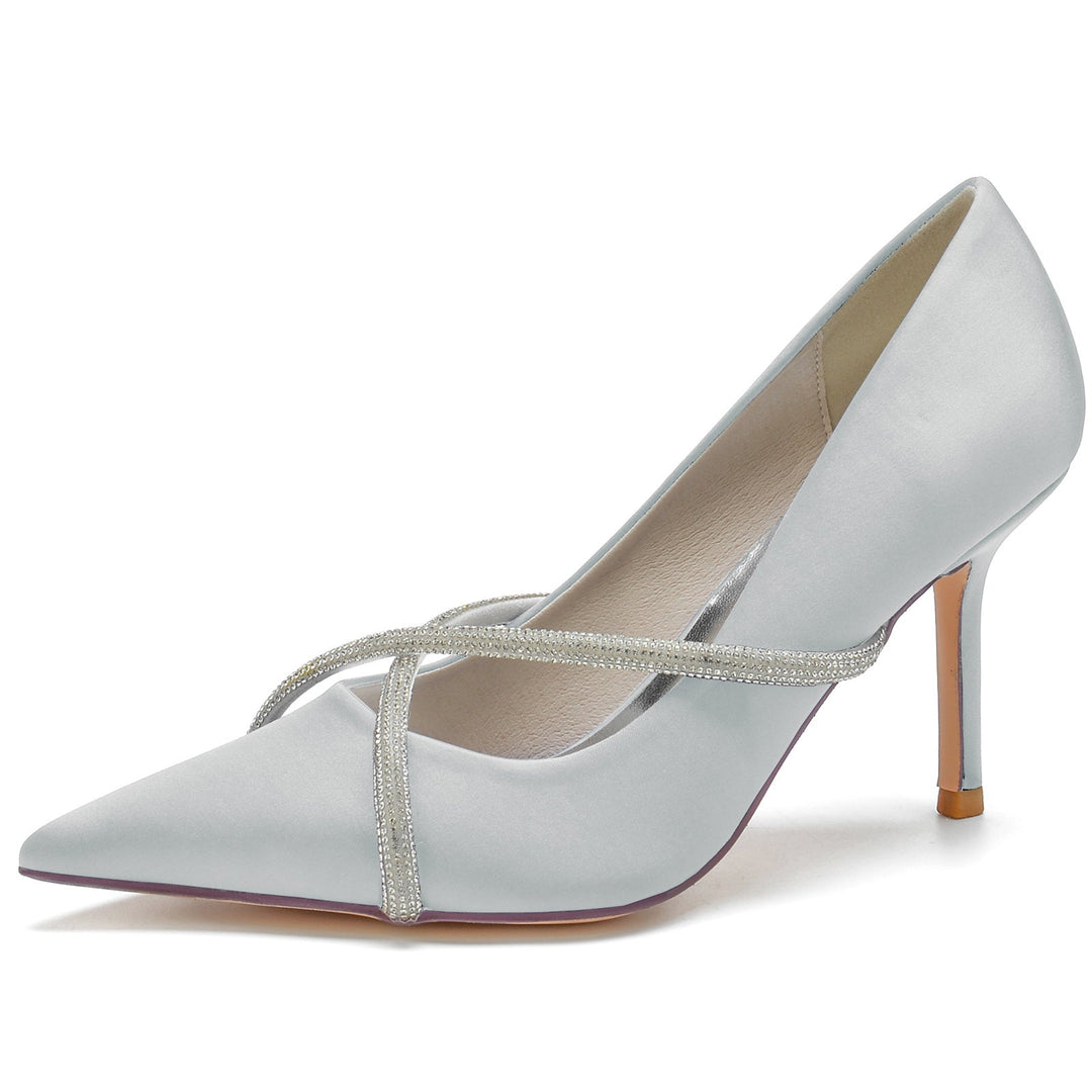 Chaussures de Mariage pour Femmes en Satin de Soie, Chaussures de Mariée à Bout Pointu et à Talon Aiguille en Imitation Diamant Croisé