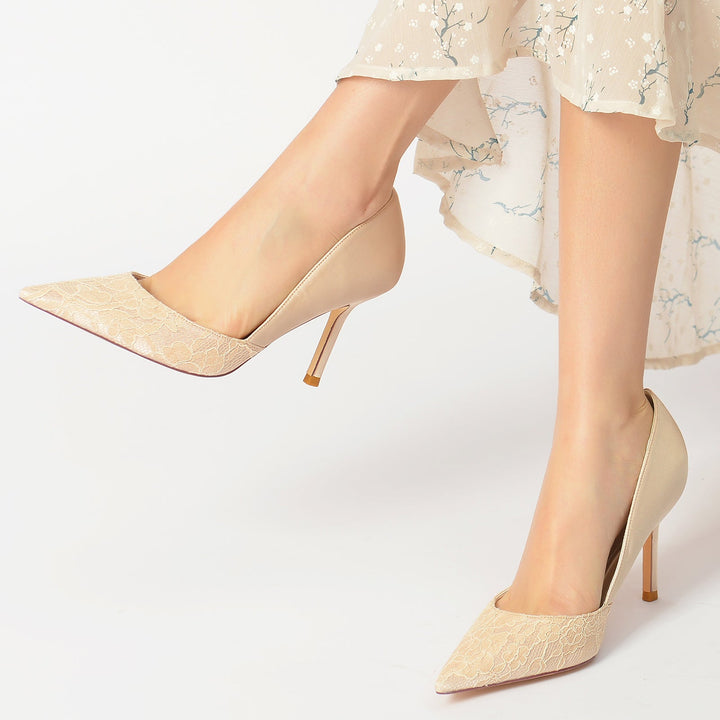 Chaussures de Mariage pour Femmes en Satin à Talon Aiguille et Bout Pointu en Dentelle