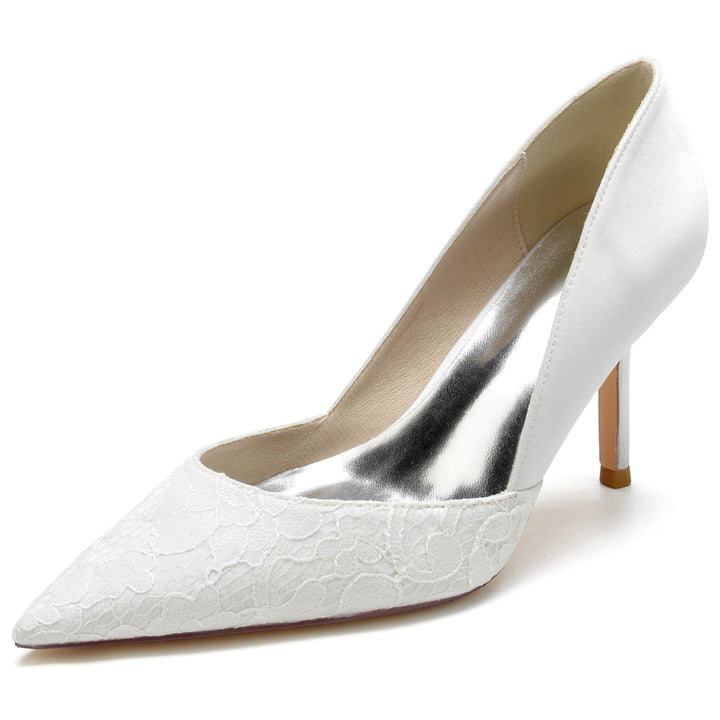 Chaussures de Mariage pour Femmes en Satin à Talon Aiguille et Bout Pointu en Dentelle