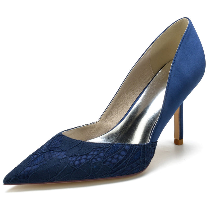 Chaussures de Mariage pour Femmes en Satin à Talon Aiguille et Bout Pointu en Dentelle