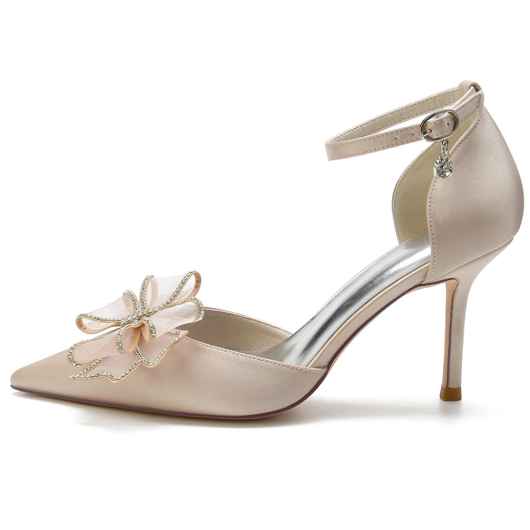 Chaussures de Mariage pour Femmes en Satin de Soie, Nœud, Talon Aiguille, Bout Pointu, Boucle, Chaussures de Mariée