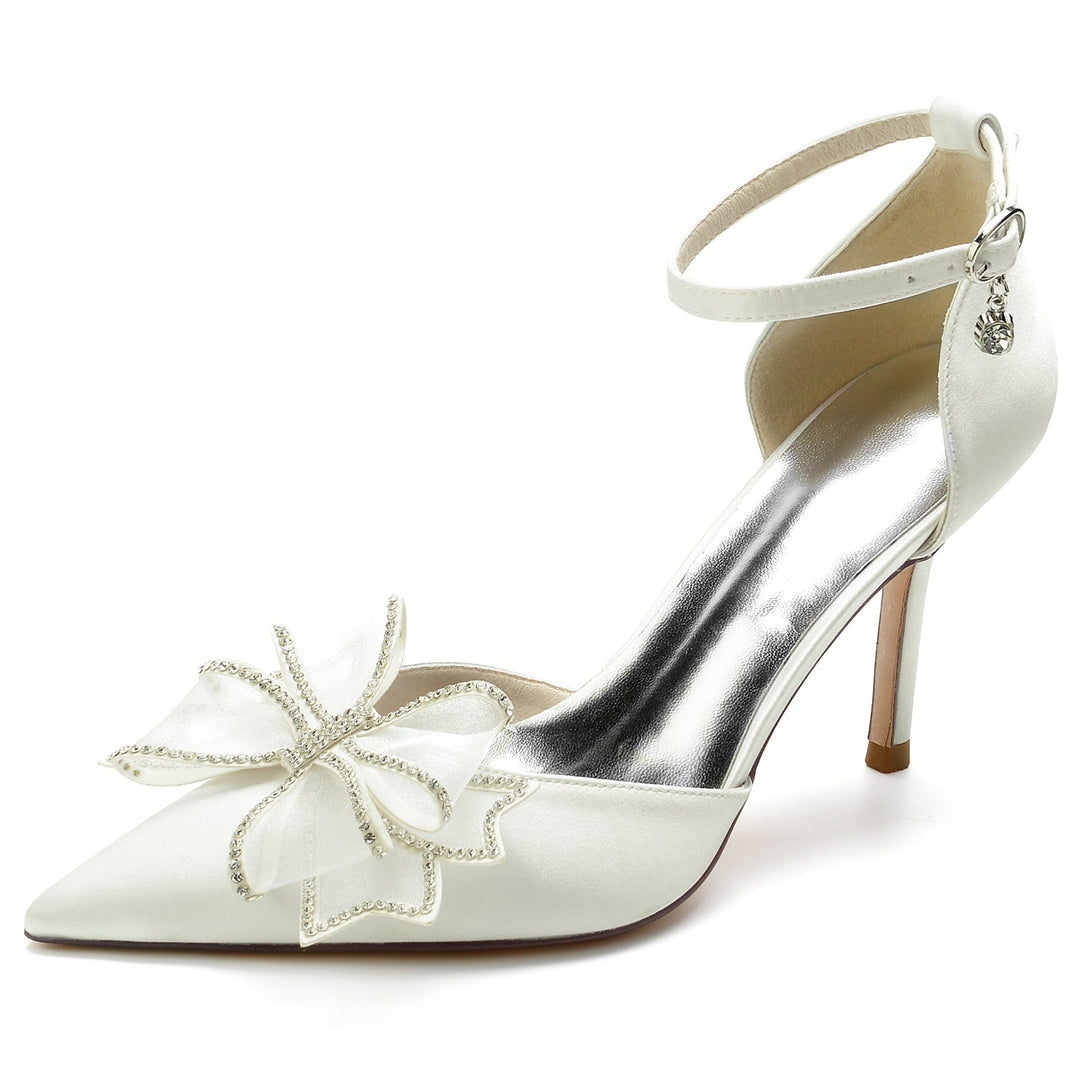 Chaussures de Mariage pour Femmes en Satin de Soie, Nœud, Talon Aiguille, Bout Pointu, Boucle, Chaussures de Mariée