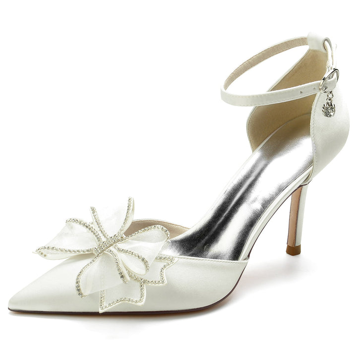 Chaussures de Mariage pour Femmes en Satin de Soie, Nœud, Talon Aiguille, Bout Pointu, Boucle, Chaussures de Mariée