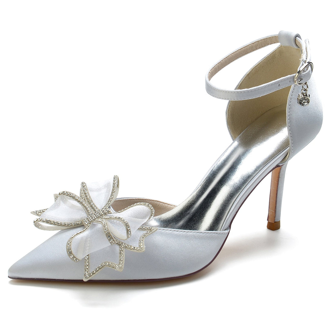 Chaussures de Mariage pour Femmes en Satin de Soie, Nœud, Talon Aiguille, Bout Pointu, Boucle, Chaussures de Mariée
