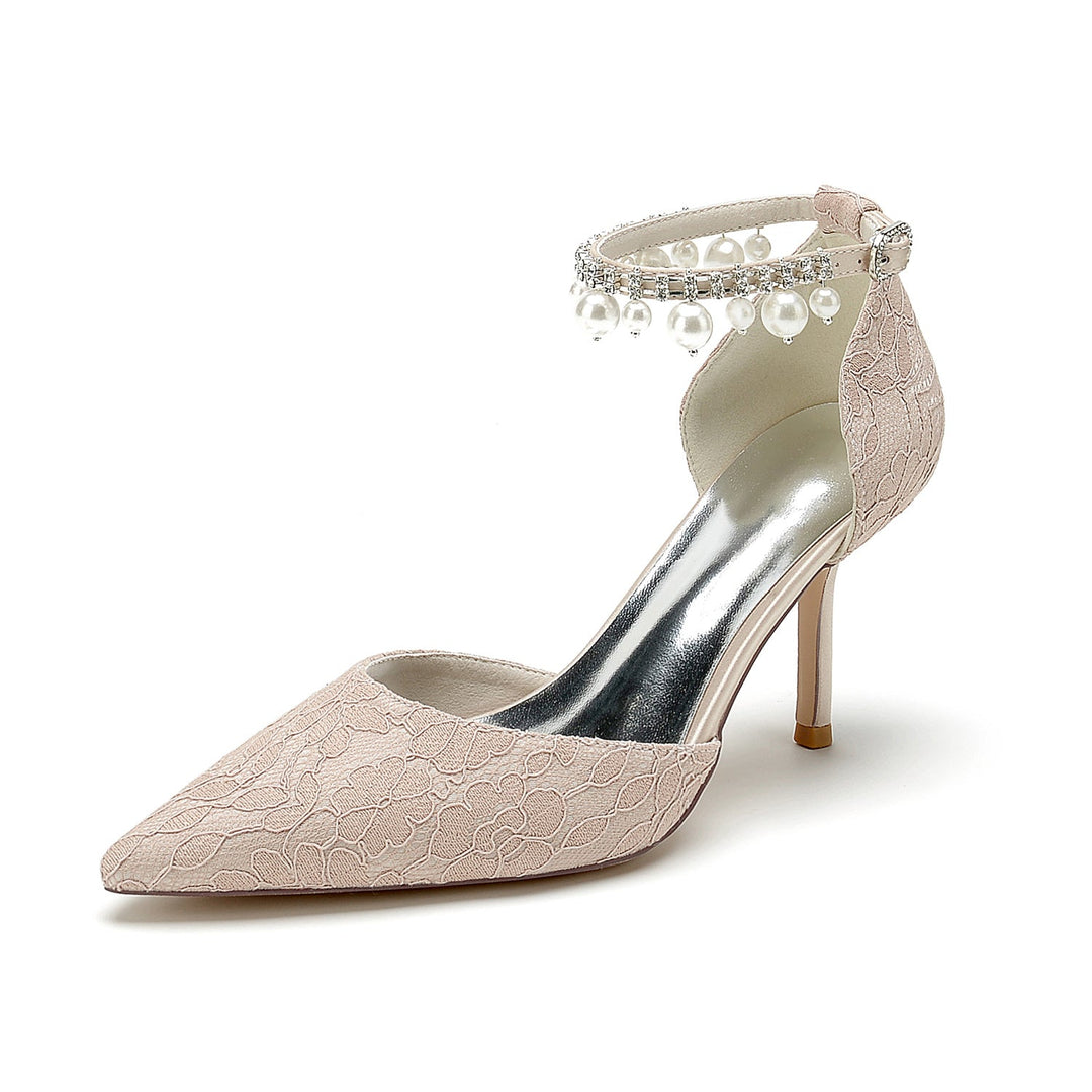 Chaussures de Mariage pour Femmes en Dentelle Perlée à Bout Pointu et Talon Aiguille avec Boucle