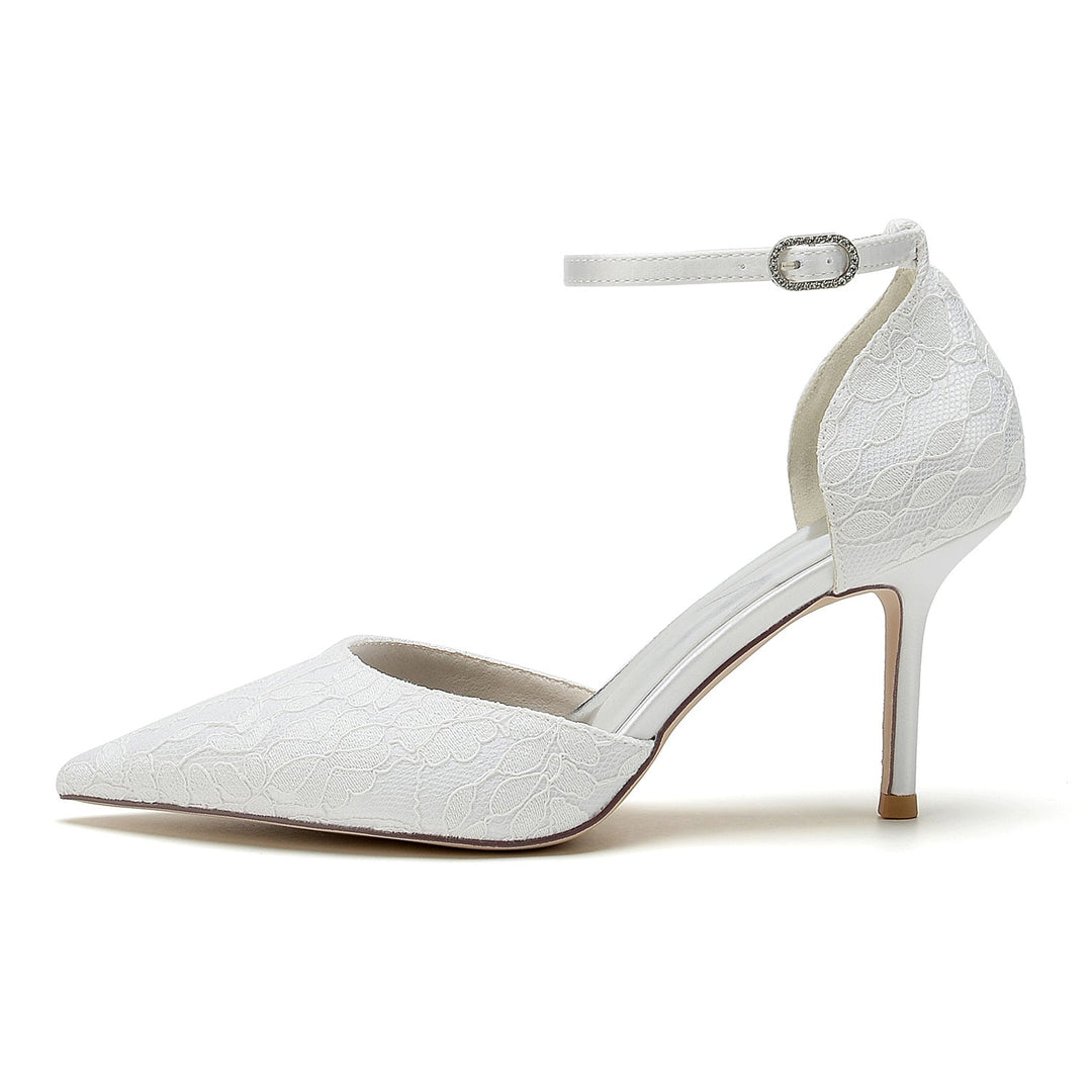 Chaussures de Mariage pour Femmes en Satin de Soie et Dentelle, Bout Pointu, Talon Aiguille, Boucle, Chaussures de Mariée