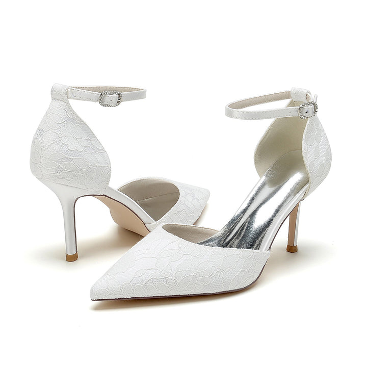 Chaussures de Mariage pour Femmes en Satin de Soie et Dentelle, Bout Pointu, Talon Aiguille, Boucle, Chaussures de Mariée