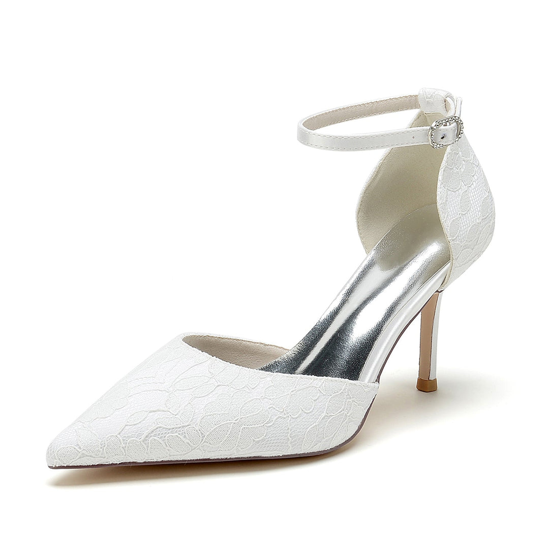 Chaussures de Mariage pour Femmes en Satin de Soie et Dentelle, Bout Pointu, Talon Aiguille, Boucle, Chaussures de Mariée