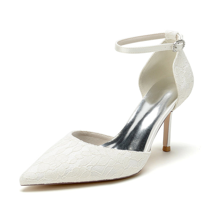 Chaussures de Mariage pour Femmes en Satin de Soie et Dentelle, Bout Pointu, Talon Aiguille, Boucle, Chaussures de Mariée