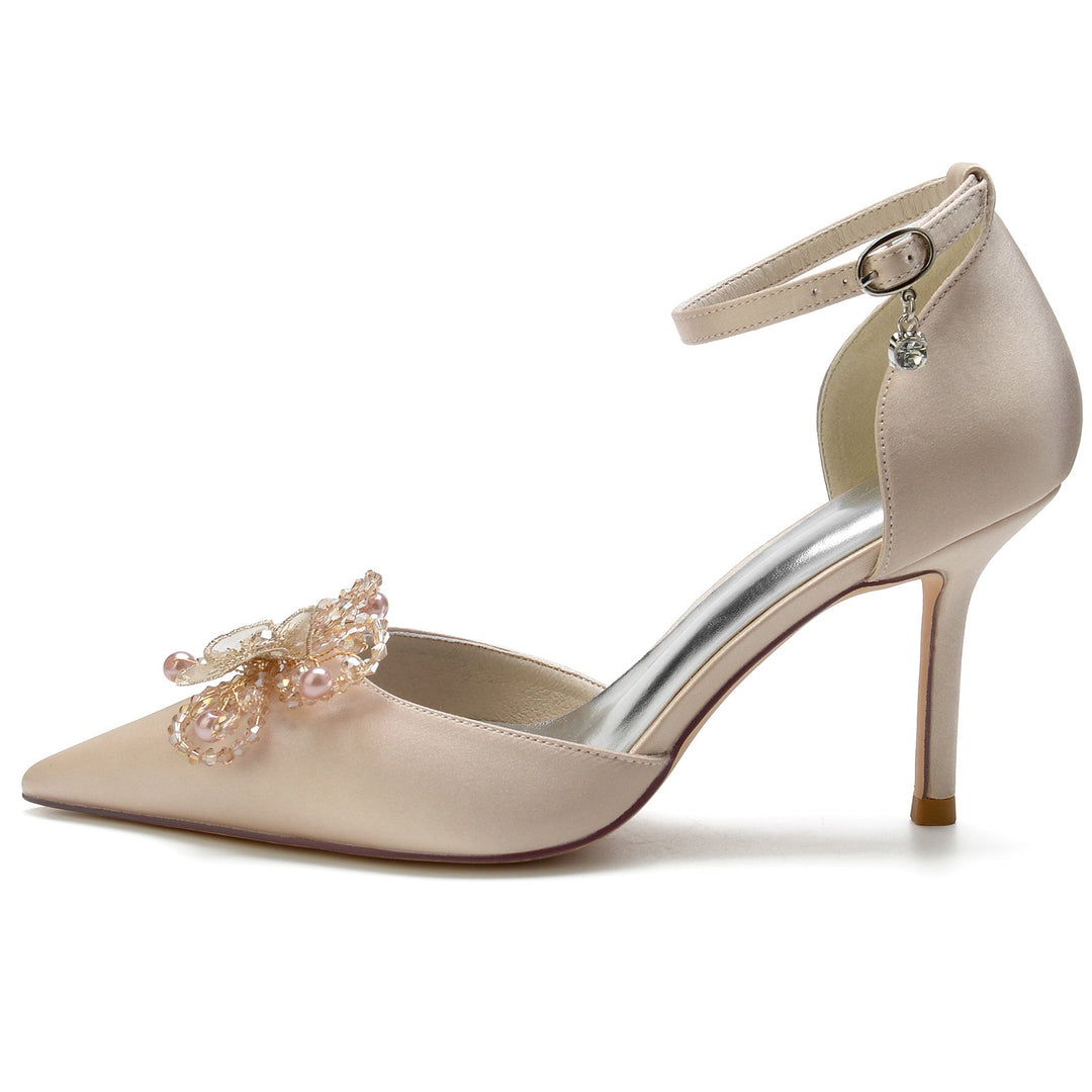 Chaussures de Mariage pour Femmes avec Perles et Fleurs, Chaussures de Mariée à Bout Pointu et Boucle