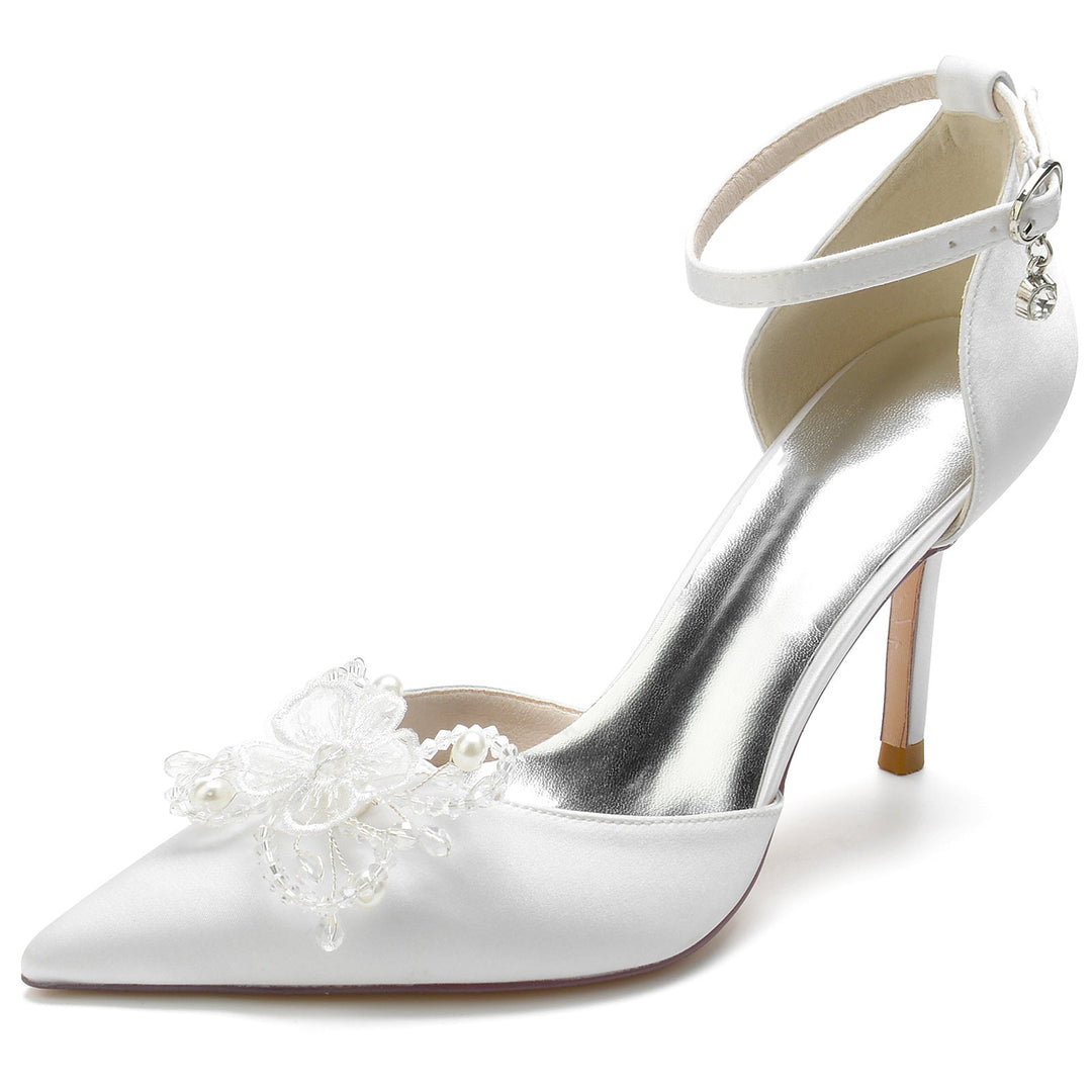 Chaussures de Mariage pour Femmes avec Perles et Fleurs, Chaussures de Mariée à Bout Pointu et Boucle