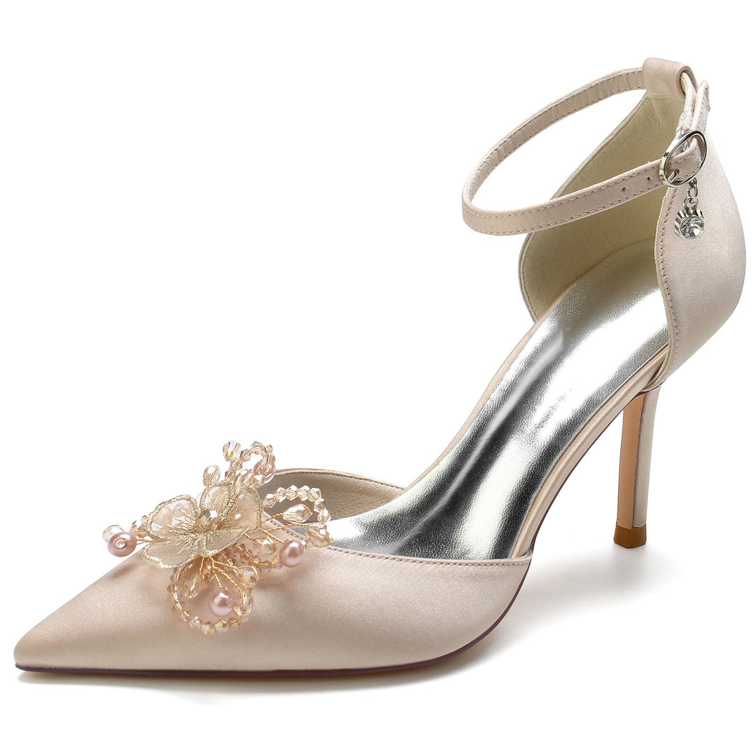 Chaussures de Mariage pour Femmes avec Perles et Fleurs, Chaussures de Mariée à Bout Pointu et Boucle