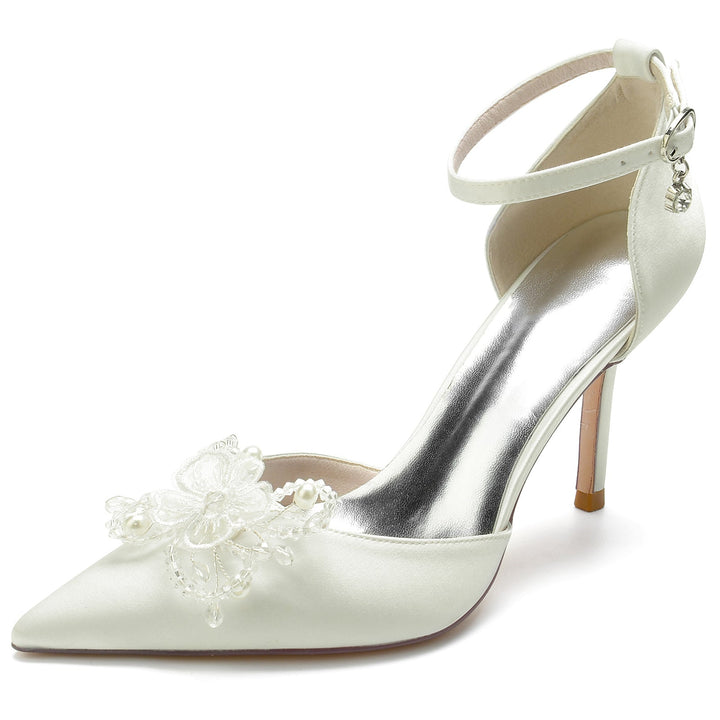 Chaussures de Mariage pour Femmes avec Perles et Fleurs, Chaussures de Mariée à Bout Pointu et Boucle