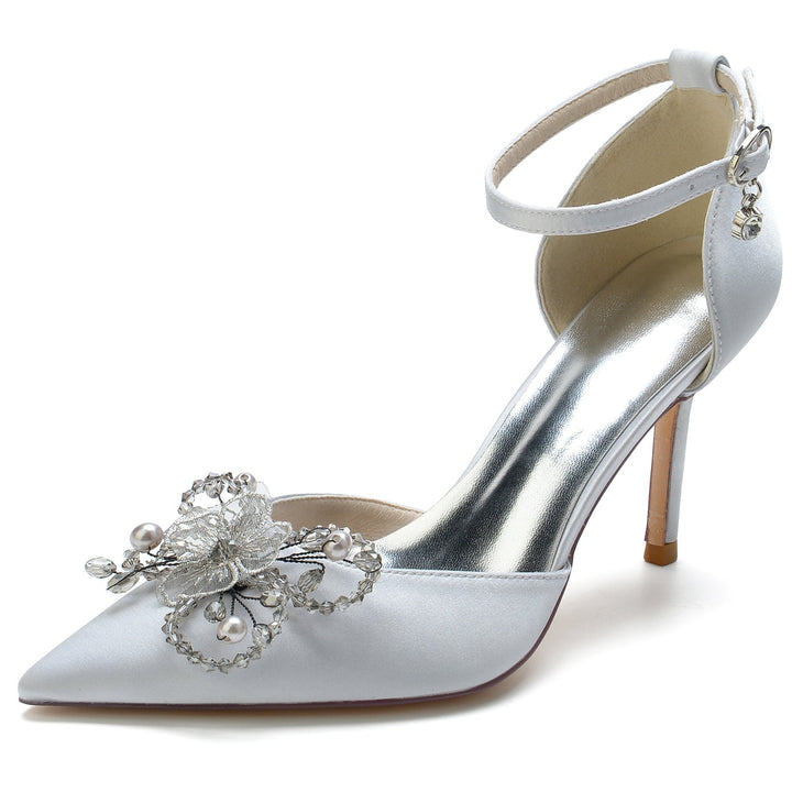 Chaussures de Mariage pour Femmes avec Perles et Fleurs, Chaussures de Mariée à Bout Pointu et Boucle